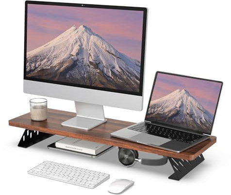 Fenge Dual Monitorständer mit Modernen Metallfüßen Multifunktionaler Bildschirmständer für Computer/PC/Laptop/TV 80x23,5x10cm Tragfähigkeit 25KG Braun