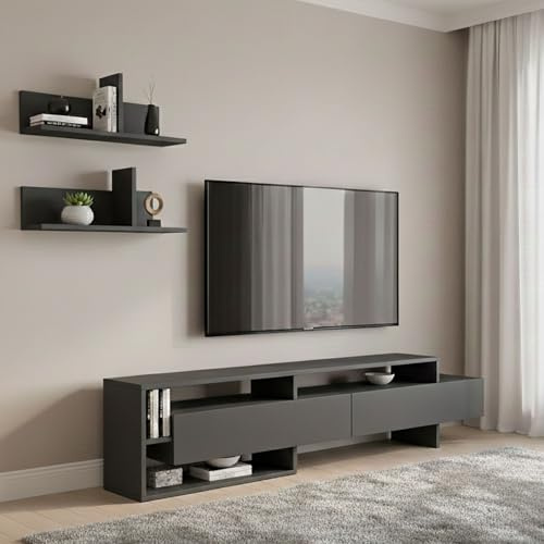 Dmora - Parete attrezzata Eudora, Composizione Soggiorno, Mobile Salotto Multiuso, Armadio Porta TV, 180x32 h42 cm, Antracite