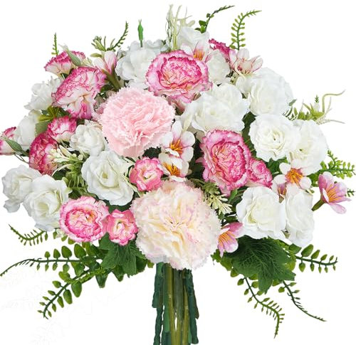 Luabue Bouquet de Fleurs Artificielles Rose Blanche et Oeillets Roses avec Hortensia D'eau et Fougère Faux Fleurs Décoration pour Mariage Saint Valentin Fête des Mères et Décoration D'intérieur