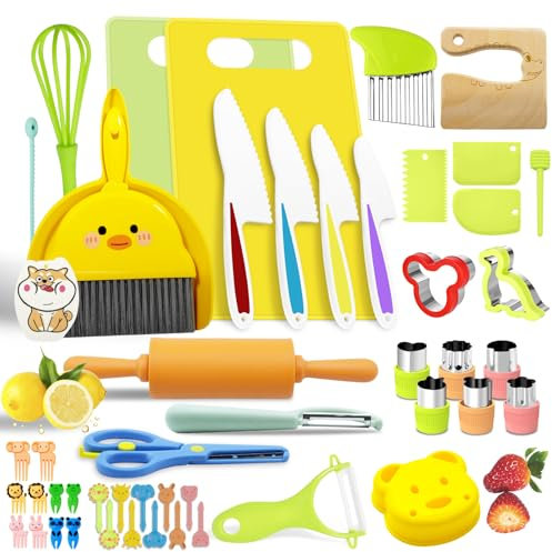 KIMIGO 49 Pièces Kit Couteau Sécurité de Cuisine pour Enfants,Couteau pour Enfants pour Fruits,Pain,Légumes,Couteaux de Cuisine pour Enfants avec Couteau en Bois,Planche à Découper et Éplucher