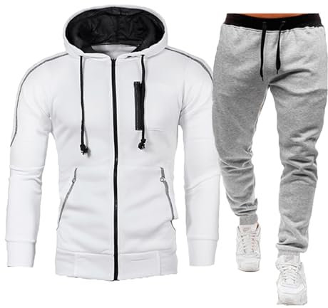 Schwarzer Herren-Trainingsanzug für Herren 2025, Geschenk für Herbst und Winter, mit Reißverschlusstasche, Freizeitjacke, Sportanzug, Übergröße, weiß, 3XL