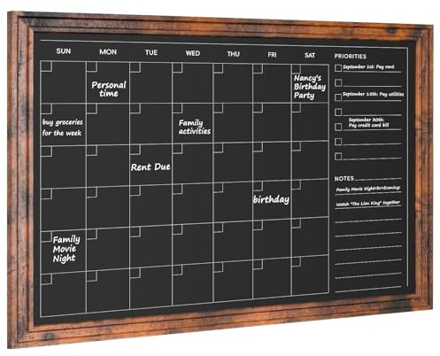 4 THOUGHT Chalkboard Calendar 24 x 18, Magnetic Calendar Chalkboard for Wall Hanging Chalk Boards Sign Menu Board Monthly Planner Rustic Brown Frame for Kitchen Decor Home Office 8 Magnets 1 Marker