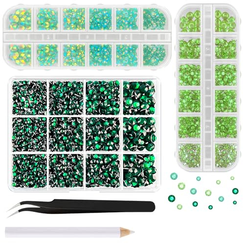 ASTARON Strass in resina verde per lavori artigianali, pietre preziose a dorso piatto da 2 mm a 6 mm, diamanti abbaglianti AB, per unghie, bicchieri, decorazione di tazze