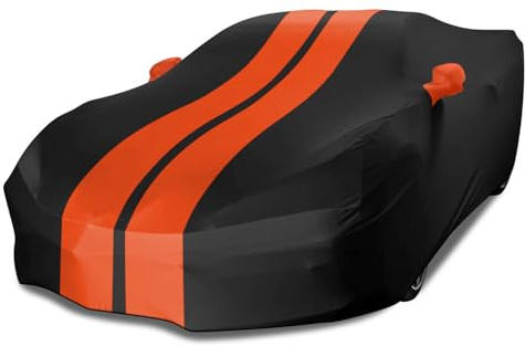 TECTICO Bache Housse Voiture Intérieur de Sport 4,6-4,9m Élastique Respirante Souple Anti Rayure Protection Complète pour Garage Indoor Auto Show, Noir+Orange