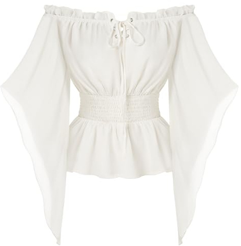 SCARLET DARKNESS Ladies Cottagecore Blouse Solid Color Smocked High Waist Dirndl Blouse White XL