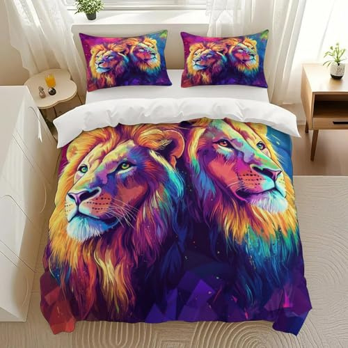 Yostasu Colorful Lion Duo Bedding Comforter Sets Bedding Set 3 Pieces (1 Duvet Cover 2 Pillowcases) with Zipper Closure Lightweight