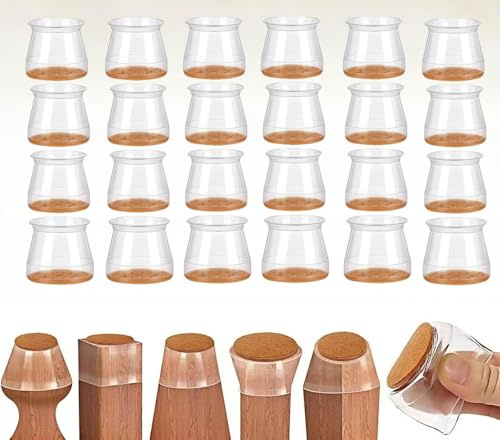 Stolsbenskydd 24 stycken, klart silikonstolsbenskydd med filt, skyddskapor för stolsben, transparent liten filtglidare för trägolv, laminat och klinkergolv (rund, M, passform: 23–33 mm)