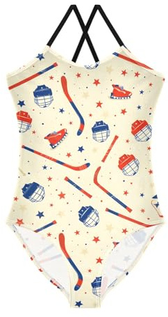 Girls' One Piece Swimwear Ice Hockey Helmet Pattern Beach Swimsuit 3-10 Years Multicolor