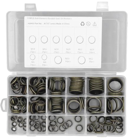 Walfront 170 St Set Oljeavtappningsplugg Packning 10 Storlekar Gummi och Metall med Förvaringsbox Hög för Kemisk Lösningsmedelsresistens