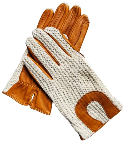 Harssidanzar Guantes ecuestres de Crochet y Cuero para Hombres, Guantes de equitación para Hombres Beige y Bronceado M, DM302