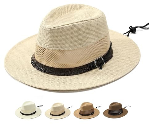 Sombrero Paja Hombre Verano, Sombrero Panamá Transpirable con Malla, ala Ancha Protección Solar UV, Sombrero Safari con Cordón Ajustable para Playa, Pesca, Senderismo(Beige)