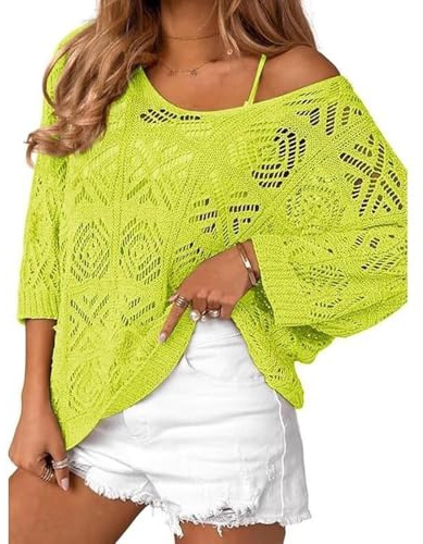 Haut pull ample en crochetée à empiècement en dentelle, manches courtes, style tunique/chemise décontractée d'été, en polyester, léger et confortable, idéal pour vacances, mode 2025 style urbain/A