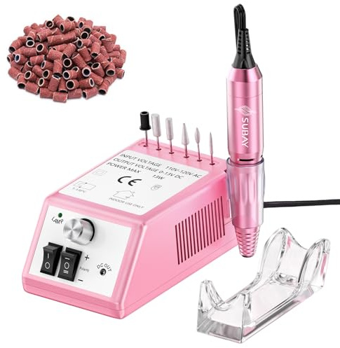 Subay Professional Finger Toe Nail Care Electric Nail Drill Machine Manicure Pedicure Kit Electric Nail Art File Drill with 1 Pack of Sanding Bands (Pink)