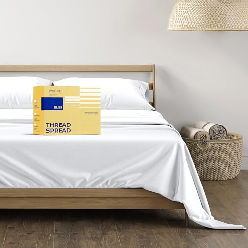 THREAD SPREAD 100% Egyptian Cotton Sheets Queen Size - 600 Series Bliss Collection Sheet Set Queen, Luxury Sheets Queen Size (4 PC, White), Soft, Deep Pocket Sheet, Fits Mattress Upto 18
