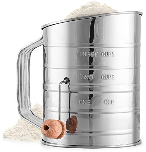 Zulay Kitchen 3 Cup Stainless Steel Flour Sifter - Fine Mesh Rotary Hand Crank Flour Sifter with Agitator Wire Loop For Baking Cakes, Pastries, Pies, Cupcakes and Desserts