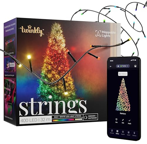Twinkly Strings 400 LED RGB+ Weiß, LED-Lichterkette, Smarte LEDs für den Innen- und Außenbereich, Kompatibel mit Alexa und Google Home, IP44, App-Steuerung, Schwarzes Kabel, 32m