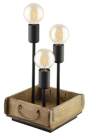 EGLO Tischlampe Wootton, 3 flammige Tischleuchte Vintage, Nachttischlampe aus Holz in Braun und Metall in Schwarz, Wohnzimmerlampe, Lampe mit Schalter, E27