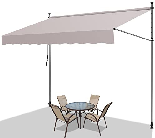 Fiqops Tenda da Sole a Morsetto con manovella per Balcone, 350x120cm Retrattile Resistente ai Raggi UV Altezza Regolabile Senza Forare, in metallo e 100% poliestere, Beige