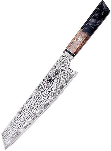 MITSUMOTO SAKARI 22 cm Coltello Kiritsuke da Cucina in Acciaio AUS-10 Damasco, Coltelli da Cucina Professionali Forgiato a Mano (Manico In Legno Di Melograno Shadowwood e Confezione Regalo)