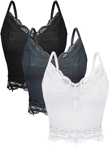Bencailor 3 Pcs Women's Lace Tank Tops Y2k Camisole Lace Patchwork Crop Tops Grunge Style Ribbed Knitted Clothing