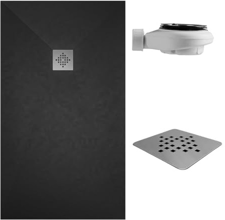SOULBATH Receveur de Douche -Résine -Gel Coat -Texture Lisse/Pierre -Antidérapant -Couleur Noir - 110x90- Extra plat 3cm. Bonde de vidange incluse - Standard
