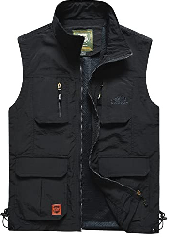 Yukirtiq Hommes Gilet de Pêche sans Manches Multipoches Plein Air À Séchage Rapide Gilet Respirant Photographie Camping Chasse Gilets B-Noir