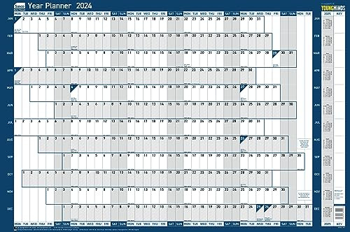 Sasco 2024 Årlig väggplaneringsset, papper whiteboard affisch stil torr raderingskalender, stor väggplanerare med markörpenna, pennklämma och klistermärken, väggdiagram och anslagstavla, blå, 915 x