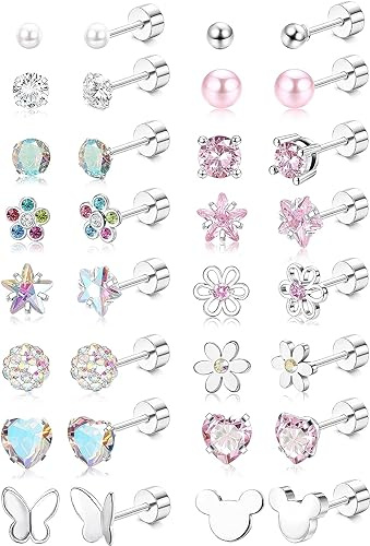 Diamday 16 par skruv tillbaka örhängen set allergivänliga för kvinnor flickor kirurgiskt stål små CZ pärla boll hjärta blomma skruvback knoppörhängen flerfärgade söta små broskörhängen 20 g