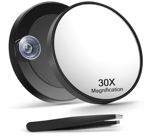 Macaki 30X Magnifying Mirror with 2 Suction Cups, 8.8cm Magnified Makeup Mirror and Slant Tweezers,1PCS,Black