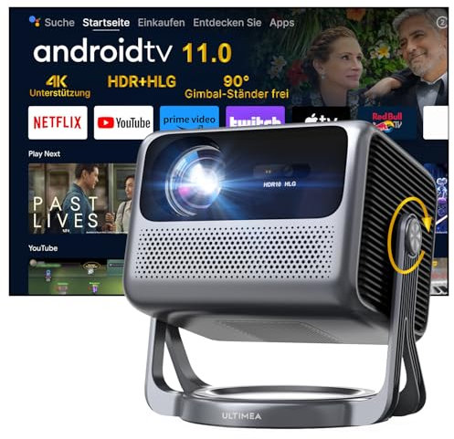 ULTIMEA 4K-Projektor Android TV 11.0 mit Netflix, tragbarer Außenprojektor mit 90° Gimbal Stand-Free Design, 600 ANSI Lumen, mit Dolby Audio, Bluetooth-Projektor 5G WiFi 6, Nova C40