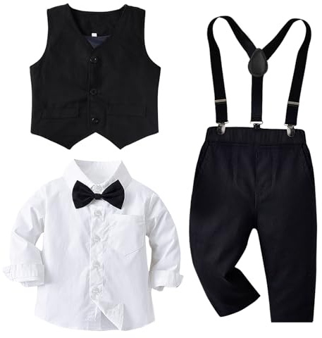 Baby pojkar gentleman kostym, småbarn formell väst outfit bröllopsfest långärmad skjorta + fluga + väst + hängslen byxor 5 st set, Vitt och svart, 2-3 Years