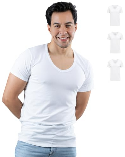 SKIPPER Lot de 3 T-Shirts Homme Col V Profond Blanc – Coton Stretch Premium, Coupe Ajustée – Invisible sous Chemise – L