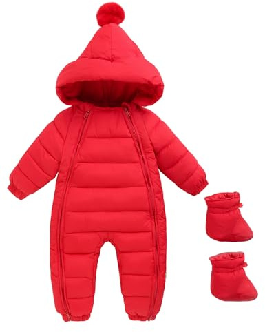 AIEOE Tute da Neve Neonato Bambino Pagliaccetto con Cappuccio Inverno Tuta Invernale Bambini Cappotto Manica Lunga 5-12 Mesi Rosso A