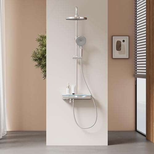 EMKE Colonna Doccia con Termostato, Cromo, Illuminazione LED, Set Doccia Effetto Pioggia con 3 Modalità di Getto, Doccia a Mano + Doccia a Pioggia + Uscita Inferiore