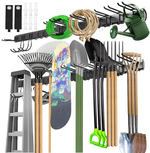 Cioquli Gerätehalter Wandhalterung, 200cm Gartengerätehalter Metall mit 5 Schienen, Besenhalterung Wand mit 15 Verstellbaren Metallhaken, Tool Organizer Wandhalterung für Besen, Schaufel, Gartengeräte