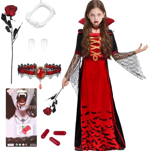 Deguisement Halloween Gothique Vampire Fille,Lot de 7 Costume Halloween Royal Vampire,Robe Enfants avec Crocs,Faux Sang Accessoires,DéGuisement MaléFique Enfant,Robe Gothique Fille XL (12-15 ans)