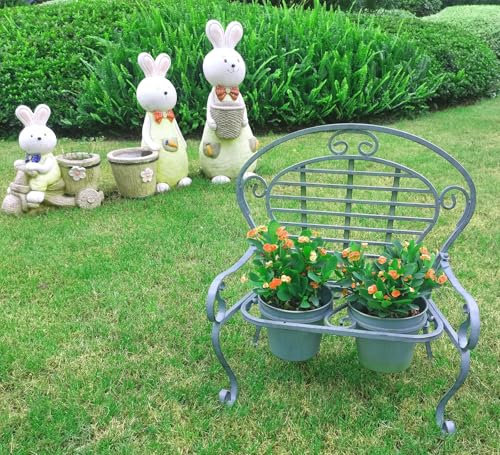 Garden Haven Decorative Vintage Wrought Iron Bench Planter Patio Garden Flower Stand includes 2 Plant Pots Decorative Scroll Rustic Verdigris 50cm Wide x 48cm Height Display Plant Stand Foilage