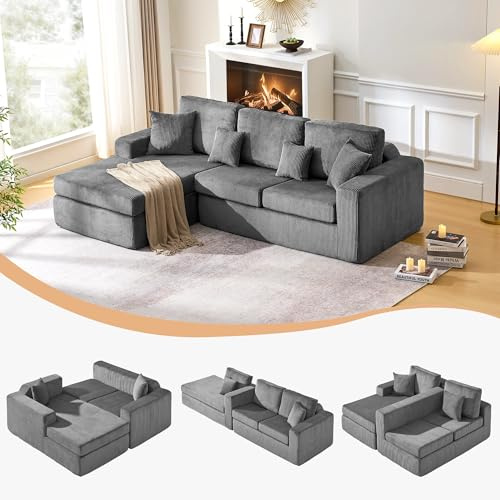 CLIPOP Boneless Couch L Shaped Corner Sofa Left with Deep Seat, Corduroy 3 Seater Modular Sofa Set Chaise Lounge for Living Room, No Assembly Required - Sofa in a Box(grey)