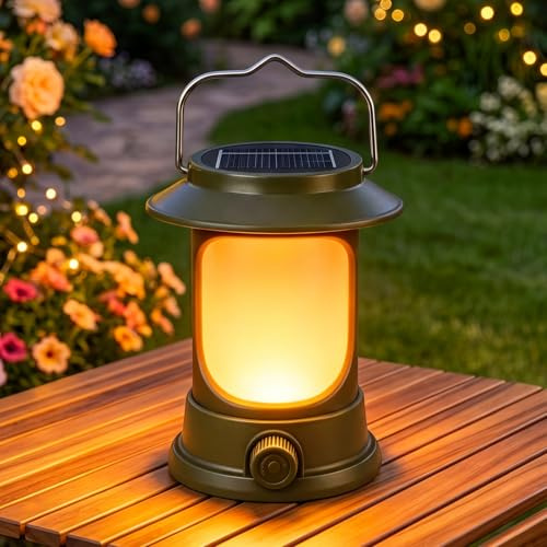 LIAISIMI Lanterne Camping Rechargeable USB et Solaire, Rétro Lampe Camping LED, 3 Modes d'Éclairage Réglables, Etanche Eclairage Portable Lampe Tente pour Pêche, Randonnée, Pique-nique