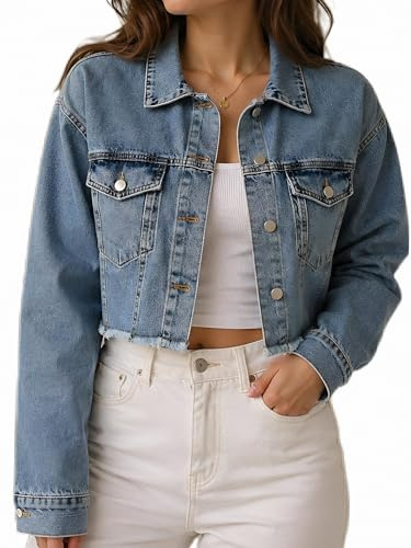 NIKOONOVA Cropped Denim Jacket Women – Lightweight Summer Jean Jacket, Rhinestone Detail, Short Fit, Casual Outfit for Dresses & Jeans (S–XL)