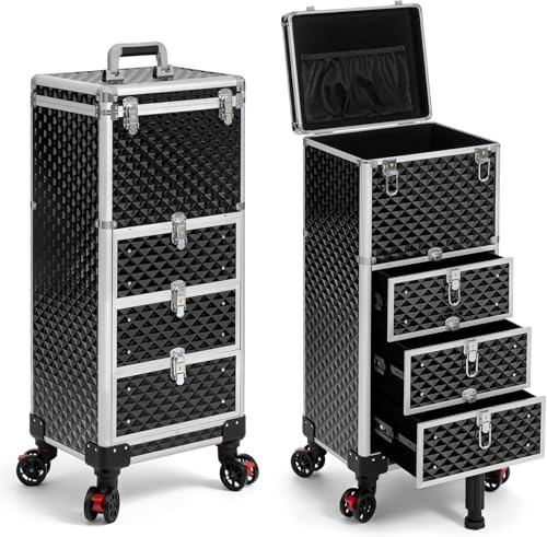JINGUAN Rolling Makeup Train Case with Drawers Cosmetology Case on Wheels, Silver&Black, 4 IN 1, 4 In1