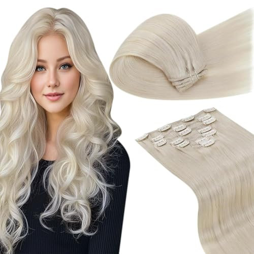 LaaVoo Clip in Extensions Echthaar Platinblond Echthaar Extensions Clip Doppelt Tressen Haarverlängerung Echthaar Clip in Extensions Remy Human Hair Glatt Full Head #60 50cm 7PCS 105g