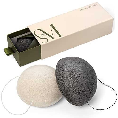 CSM Organic Konjac Sponges 3-Pack para una exfoliación suave - Esponjas faciales con carbón de bambú activado premium para limpiar los poros, eliminar impurezas, exfoliación - 2 carbón negro, 1 blanco