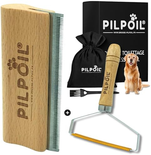 Pilpoil Pack Pro - Brosse Anti Poils Court pour Chien + Raclette Anti-Poils Animaux - Élimine 95% du Sous-Poil - Outil Anti Mue en Bois de Qualité - Accessoire de Toilettage - Taille L