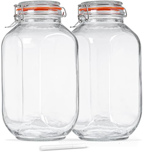 1 Gallon Square Glass Storage Jars with Airtight Lids, 2 Pack Large Glass Pickle Jars for Fermenting, Clear Glass Canister for Flour, Cookie, Candy, Kombucha, Sun tea(Extra Labels and Gasket)