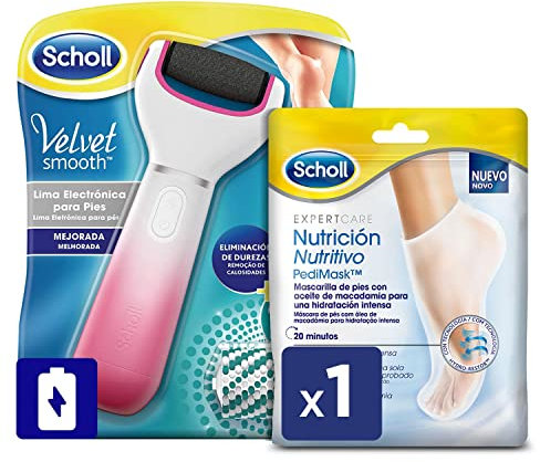Scholl Lima Eléctrica Durezas Pies Velvet Smooth Color Rosa + 2 Mascarillas Nutritivas para Pies, Hidratación Intensa en 20 Minutos