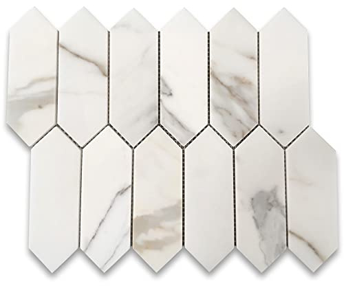 Stone Center Online Calacatta Gold Marble 2x6 Picket Fence Elongated Hexagon Mosaic Tile Polished Kitchen Bath Wall Floor Backsplash Shower (1 Sheet)