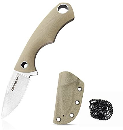 TONIFE Squirrel kniv med full genomskärning, fast blad 4,3 cm Total 11,9 cm med Kydex-slida och kulkedja för jakt, camping, överlevnad (Khaki)