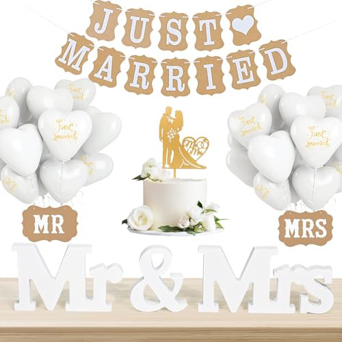 Hochzeitsdeko Set, MR & MRS Deko Hochzeit mit 20 pcs Weiße Luftballons Hochzeit, Just Married Girlande Banner und Luftballon, Hochzeit Dekoration für Hochzeitsdeko Rustikal Party und Brautdusche