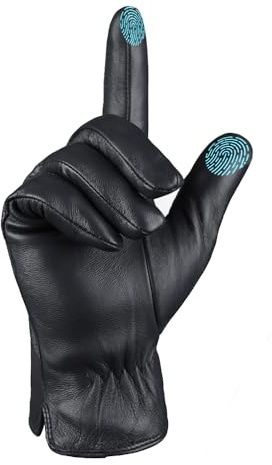 MGGMOKAY Gants en cuir d'hiver pour hommes Gants de conduite en peau de mouton à écran tactile doublés de cachemire chaud,Noir,S